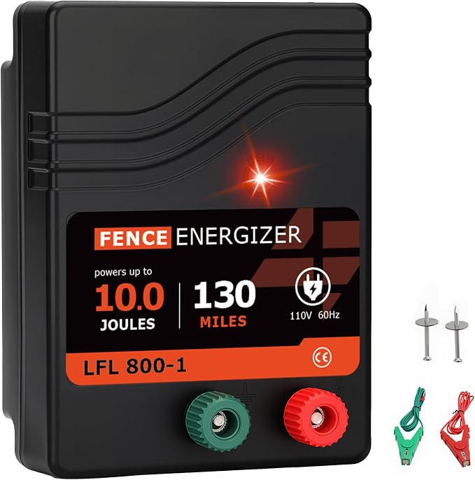 Electric Fence Charger AC Powered 110 Miles, 110 Volt 10 Joule Plug-in Electric Fence Energizer, Output Voltage Max 11.3 KV for Livestock, Preventing Predators from Intruding