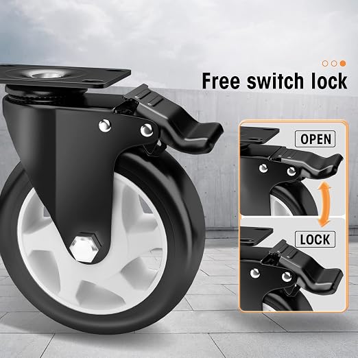 Casters, 5" Caster Wheels，Casters Set of 4 Heavy Duty - ASRINIEY Black Polyurethane Castors, Top Plate Swivel Wheels, 4-Pack Industrial Casters with Brake, Locking Casters for Furniture and Workbench