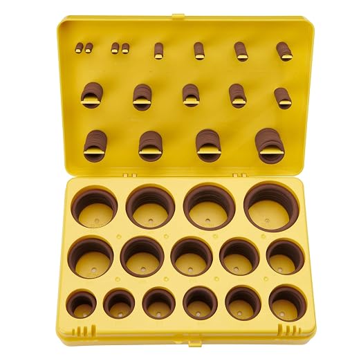 BUSY-CORNER 382 Pieces FKM O Ring Kit, Fluorocarbon 75A, 30 Inch Sizes, Chemical Resistant and Oil Resistance O-Rings for Various Chemicals, Hydraulic, Cylinders, Plumbing (Yellow Box, Brown Orings)