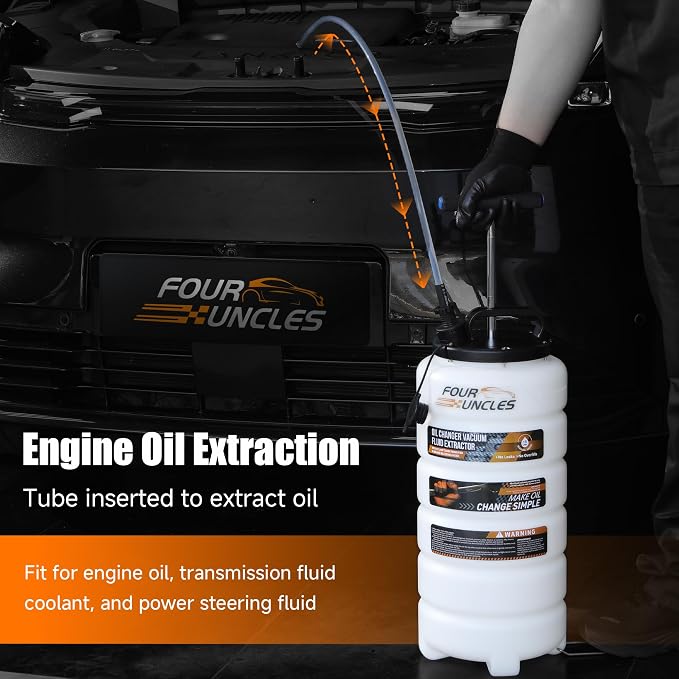 FOUR UNCLES Oil Extractor - Vacumm Fluid Extractor with Pump Tank Remover & Tubes for Oil Change and a Hose for Brake Bleeding