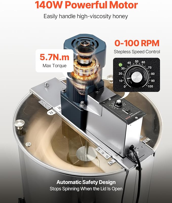 VEVOR Electric Honey Extractor, 3 Frame Honey Extractor with Transparent Lid, Stainless Steel Honeycomb Drum Spinner, Height Adjustable, Honeycomb Extraction Equipment for Beekeeping
