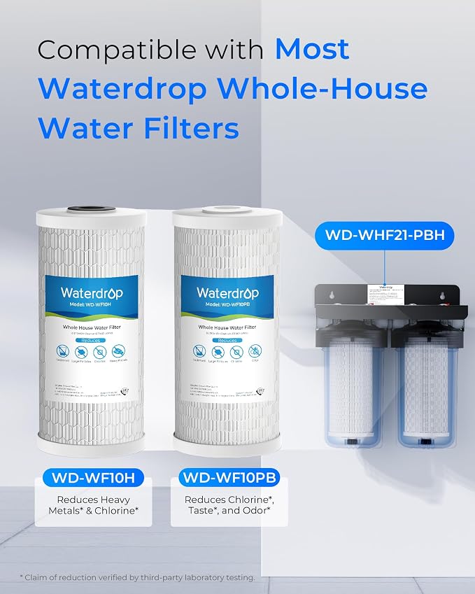 Waterdrop WF10PBH Whole House Water Filter, Compatible with WHF21-PBH, GE® FXHTC, GXWH40L, iSpring, Culligan® RFC-BBSA, Whirlpool®, Any 10" x 4.5" System, Reduces Heavy Metals