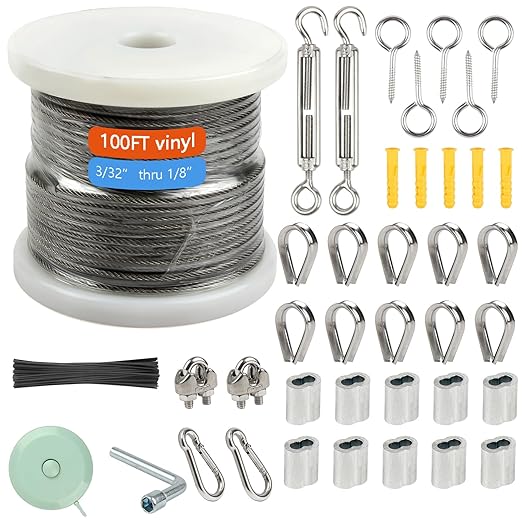 Shineyoo 1/8" Wire Rope Kit - Steel Wire, 100FT Turnbuckles for Cables, Vinyl Coated Stainless Steel Cable for Outdoor, Garden, Kitchen, Craft
