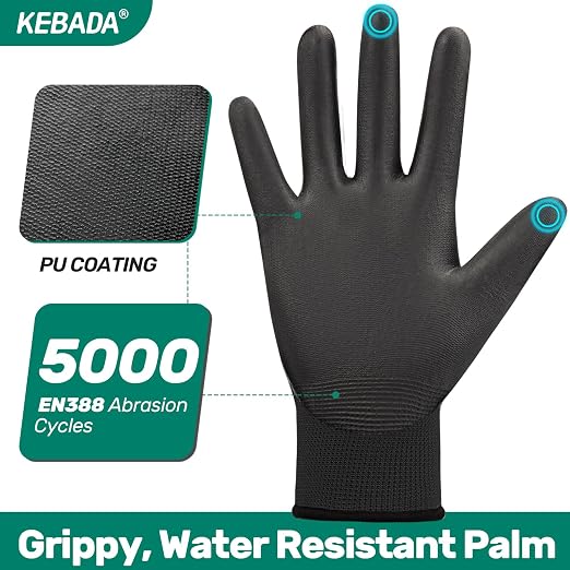 Kebada W1 Work Gloves for Men and Women, PU Coated Safety Gloves with Grip, Touchscreen, Ideal for Warehouse Package Handling, Construction, Gardening, Black X-Large