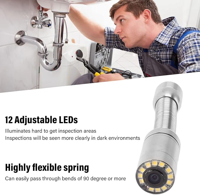 23mm Sewer Inspection Camera Head, Stainless Steel Professional IP68 Pipe Drain Endoscope Camera Accessory with 12 LED Lights