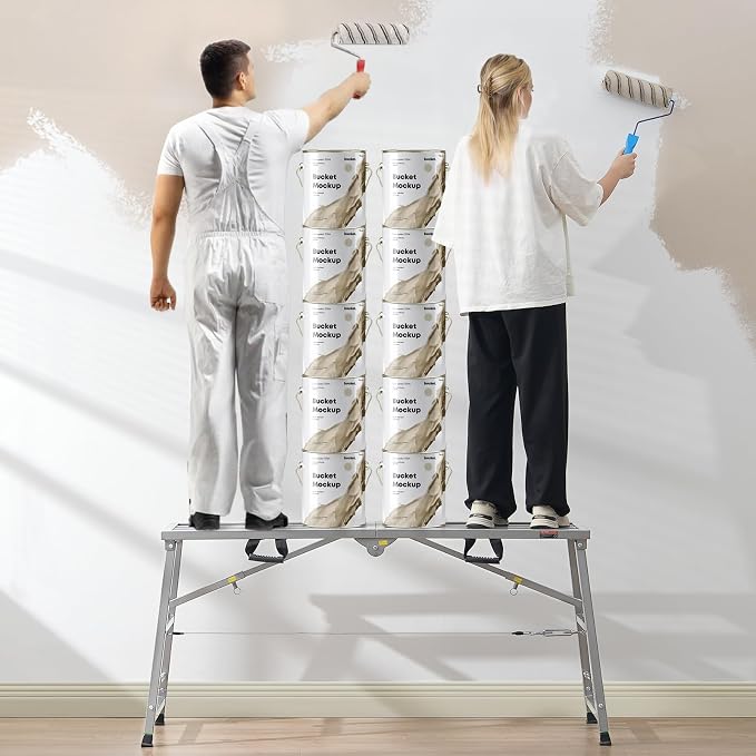 VEVOR Work Platform, 55"x 15" Portable Scaffolding Platform, Folding Steel Step Ladder Adjustable Height 27.5”-45.3”, 800 lbs Load Capacity, Non-Slip Drywall Painting Stool for Cleaning &Washing