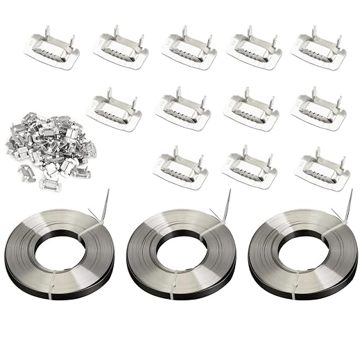 304 Stainless Steel Strapping Tape, 3 Rolls of 100 Ft Length 304 Material Steel Coil, 200 Pcs Ear-Lokt Buckles, for Heavy Duty, Heavy Load, Transportation Pallet Strapping