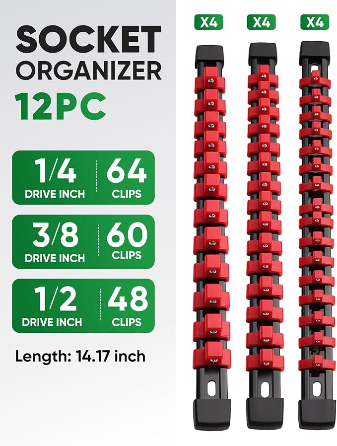 ALOANES 12PC Socket Organizer, Socket Rails Fit 1/2", 1/4" and 3/8" Drive | Heavy Duty ABS Socket Holders Hold up 172 Sockets for Toolbox Drawer Bags(Red)