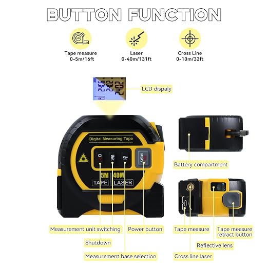 3 in 1 Digital Laser Tape Measure | Laser Level Crosshairs | 130ft/40m Laser Distance + 16ft/5m AutoLock Tape | Backlit LCD Display (Ft/Inch/M/mm & Fractions)