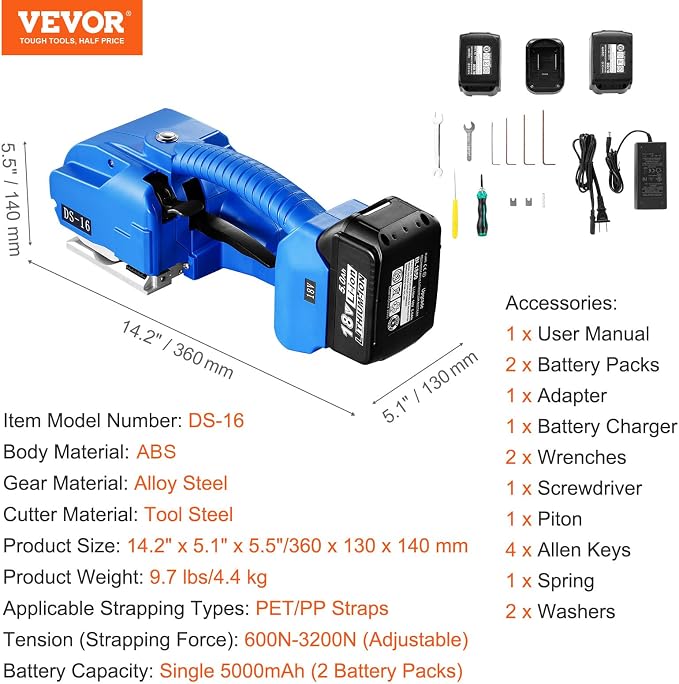 VEVOR Electric Strapping Machine, for 0.35"-0.63" PP PET Straps, Portable Electric Banding Tool with Digital Display, 2 x 5000mAh Battery Powered Automatic Strapping Tool for Packaging Box Pallet