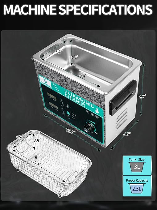 Ultrasonic Cleaner 3L with Adjustable Power & Sweep, 120W Ultra Sonic Cleaning Machine, Digital Timer and Heater, Heavy-Duty Parts Cleaner for Industrial, Motorcycle, and Hardware Tools