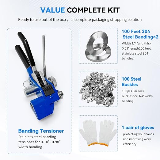 Stainless Pallet Strapping Kit，Metal Strapping Tool，Steel Trapping Tool Combines，The 304 Steel Strapping Banding Kit Includes 100 Metal Buckles & a Pair of Anti-Cut Gloves，Cable Ties 100 feet Long×2