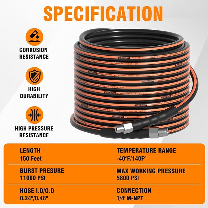 200FT Sewer Jetter Kit for Pressure Washer, 1/4" NPT Corner Drain Cleaner Hose 5800 PSI with Sewer Jetting Nozzles, Pearl Corsage Pin, Waterproof Tape, Extension Cord Organizer&2 Spanner