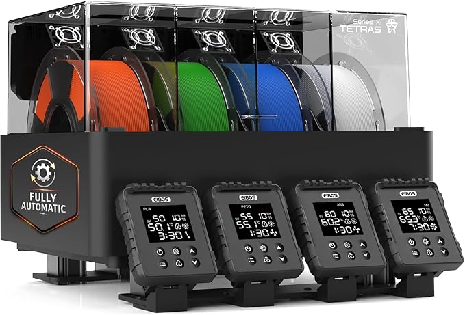 【EIBOS Official】 3D Printer Filament Dryer Tetras, AMS Heater Upgrade for Bambu Lab AMS, Dry While Printing, 4-Spool Independent Chambers, Auto-Sealed Storage Box, Power-Saving, for Nylon, PLA, PETG