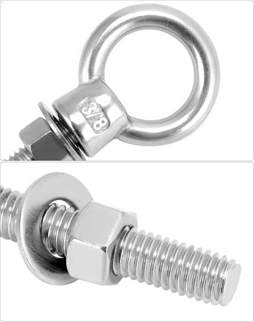 QWORK Threaded Eyebolts, 10 Pack 3/8" x 2" Long 304 Stainless Steel Marine Grade Shoulder Eye Bolt