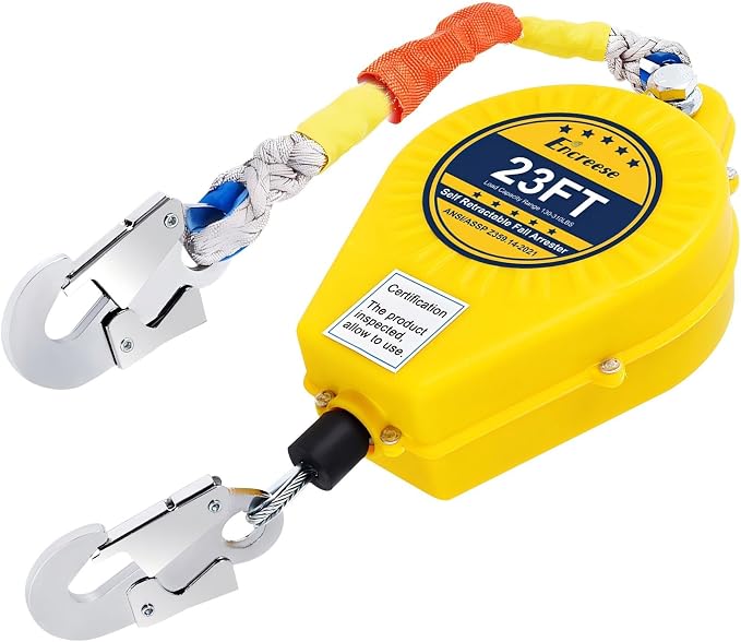 Self Retractable Lifeline Fall Protection Arrester 23FT Double Locking Safety Rope Fall Arrest Gear, Dual Alloy Steel PPE shell Heavy Duty Hook Cable Wire Roofing Rope Lifeline Safety Lanyard