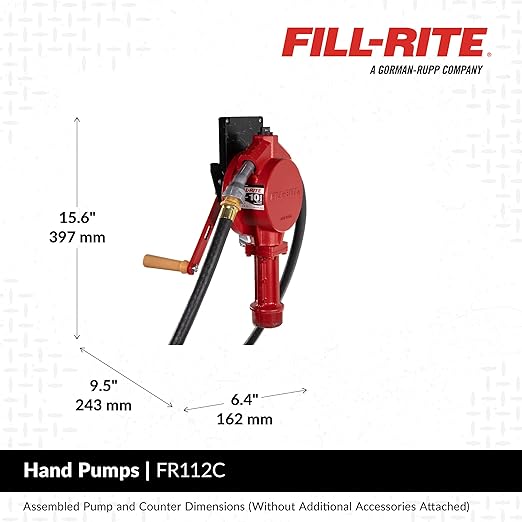 Fill-Rite FR112C Fuel Transfer Rotary Hand Pump w/Gallon Counter, Discharge Hose, Nozzle Spout, & Suction Pipe