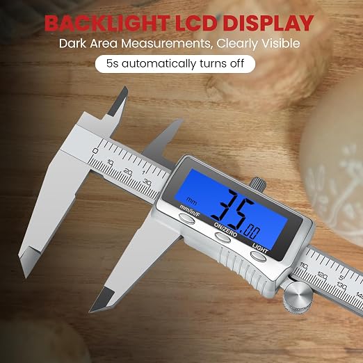 Digital Caliper 6 Inch, Rechargeable Calipers with Backlight LCD Screen, Stainless Steel Caliper Measuring Tool, Auto-Off Micrometer, Inch/MM/Fraction Conversion for 3D-Printing/DIY/Household