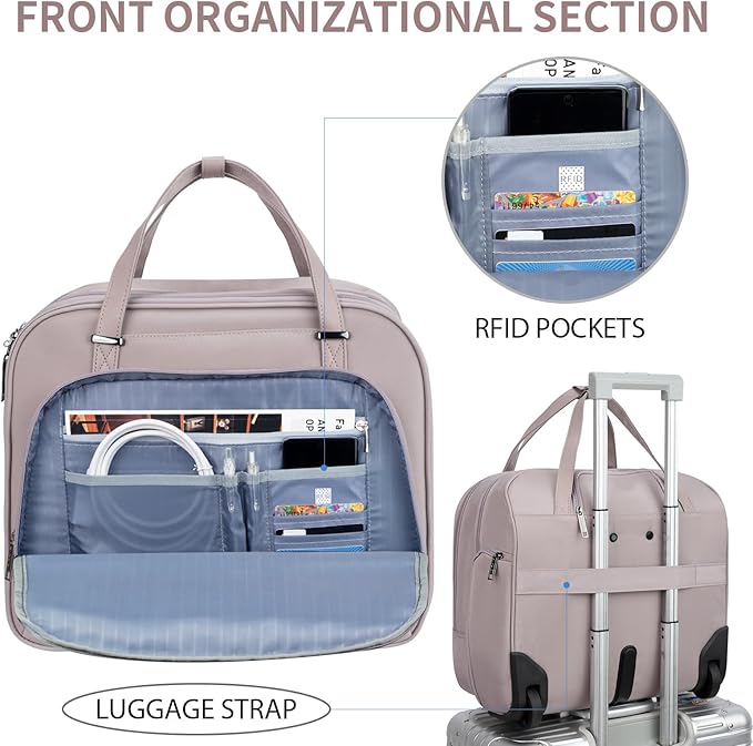 EMPSIGN Rolling Laptop Bag Women with Wheels, Briefcase for Women Fits Up to 15.6 Inch Laptop Briefcase on Wheels, Water-Repellent Overnight Rolling Computer Bag with RFID Pockets, Grey Pink