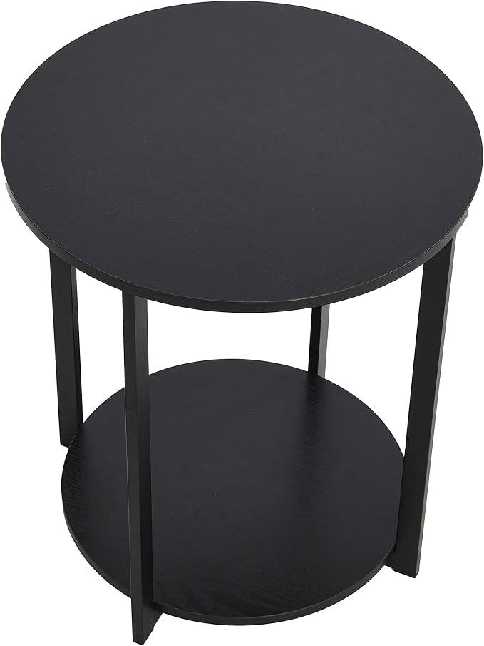 Household Essentials Jamestown Round Side End Table with Storage Shelf Black Oak Wood Grain and Black Metal