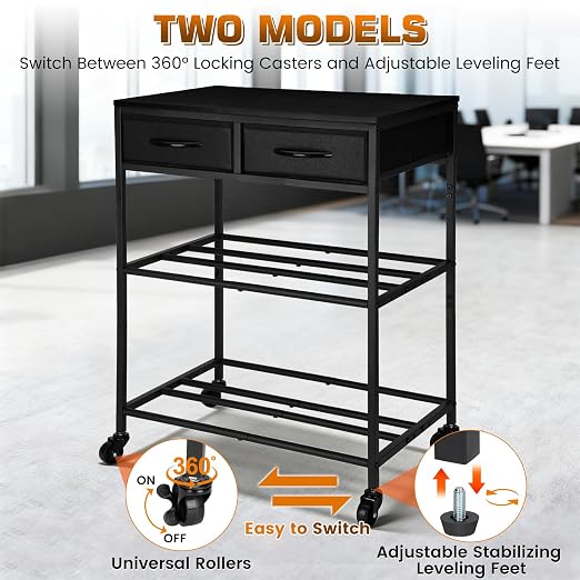 3D Printer Filament Storage Shelf with Drawers& Wheels, Black 2-Tier 3D Printer Filament Metal Stand with Storage, Adjustable Filaments Organzied Rack for Workshop Studio Office, 4 Leveling Feet