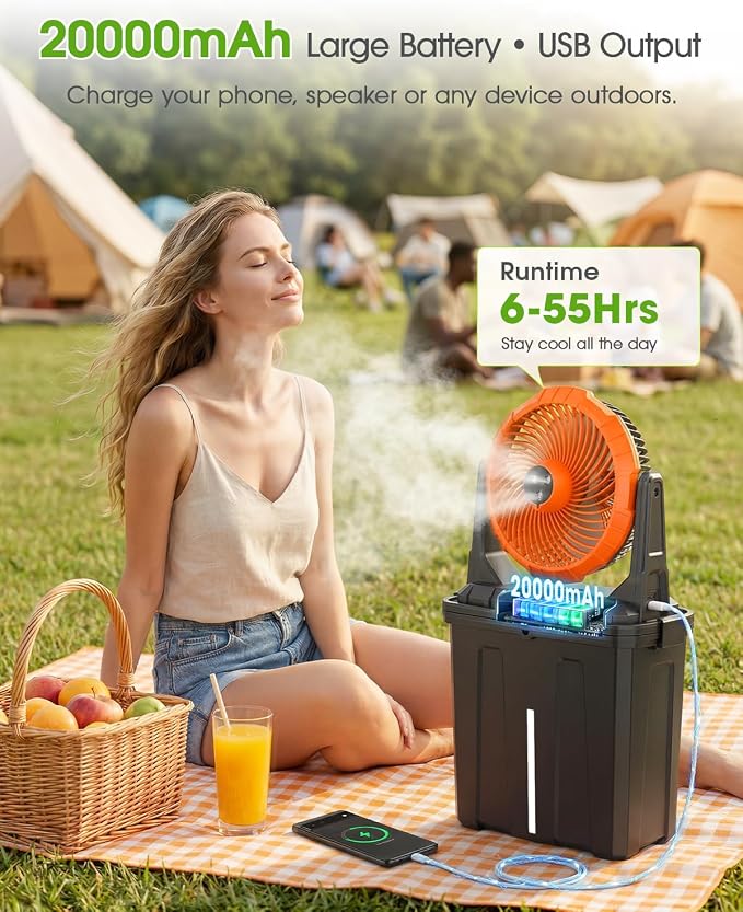 Ausic 2026 Upgraded 10″ 9L Oscillating Portable Misting Fan With Light, [Max 55Hrs] Golf Cart Mister Fan for Outside Patios, Outdoor Rechargeable Battery Operated Water Cool Fan-3 Spray Misters