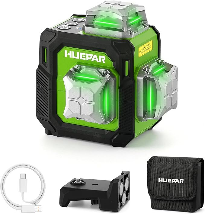 Huepar New 3D Laser Level 360° Self Leveling, 5 Years Warranty, Smaller Size, Better Value, 3x360 Green Laser Level 12 Lines, Rechargeable, Outdoor Pulse Mode, Cross Line for Construction ST03CG