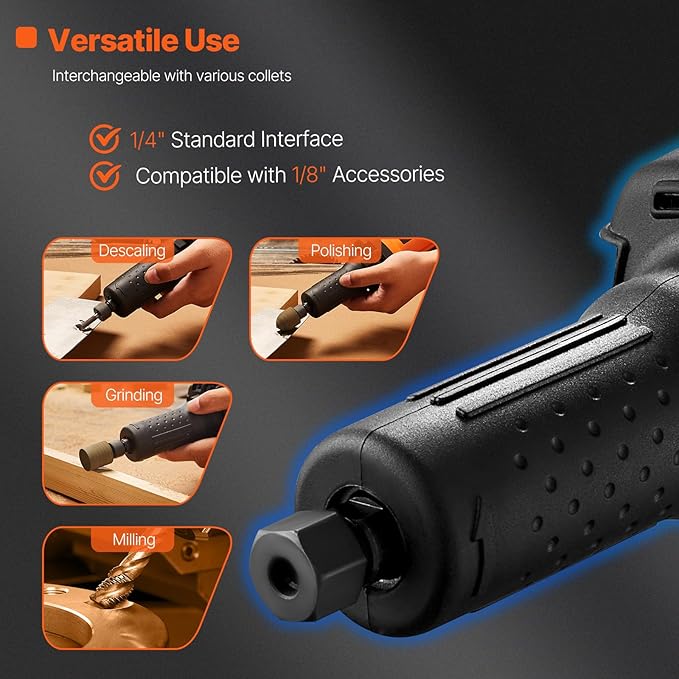 VEVOR Die Grinder, 1/4", Heavy-Duty Electric, Adjustable Speed (10000-28000RPM), Ergonomic Grip for Polishing, Cutting, Rust Removal, Grinding, Welding Repair, with 1/4" & 1/8" Collets