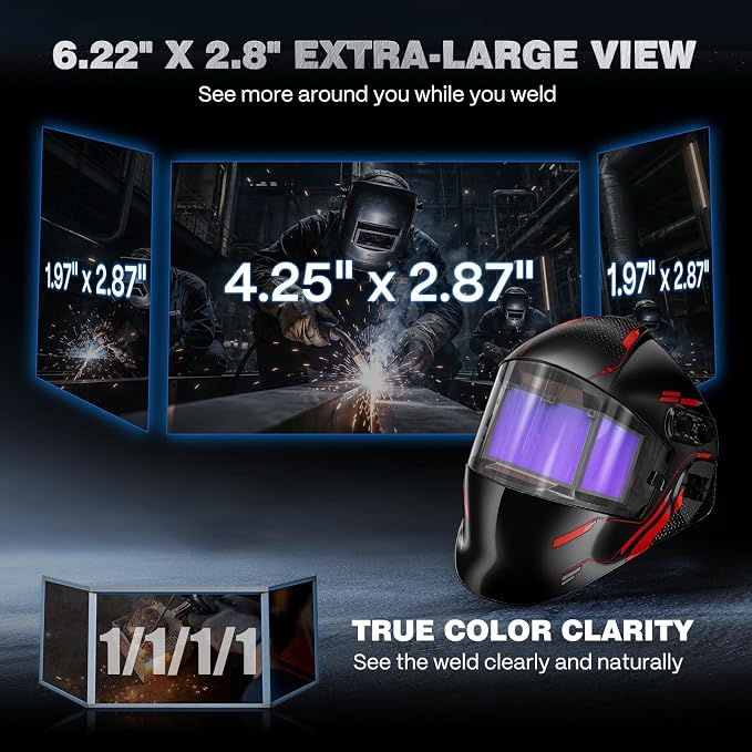 ARCCAPTAIN Auto Darkening Welding Helmet with Panoramic Side View, 6.22" x 2.8" Extra-Large Viewing Screen, 1/1/1/1 True Color Welding Hood, 4 Arc Sensors, Shade 3/4-8/9-13 for TIG/MIG/ARC/Cut/Grind