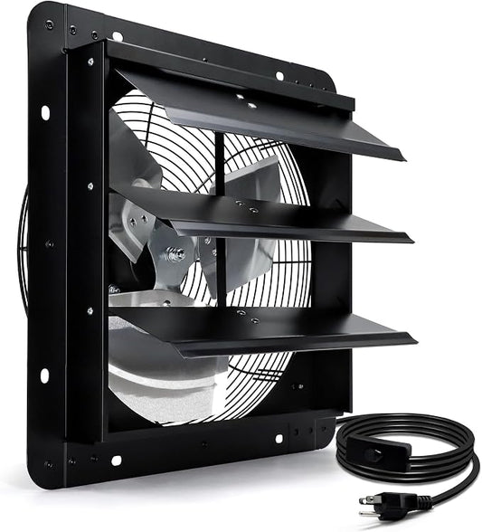 14 Inch Shutter Exhaust Fan, Wall Mount Attic Fan with Power Cord for Greenhouse, Shed, Garage, Barn, Chicken Coop Ventilation, 1088 CFM, Black