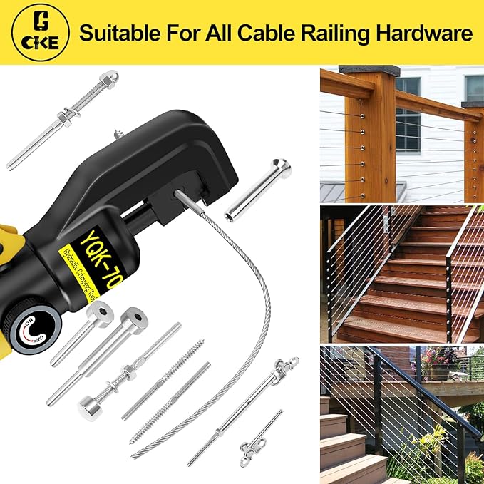 CKE 10 Ton Hydraulic Crimping Tool and Cable Cutter with 13 Dies, Stainless Steel Cable Railing Tool for 1/8" to 3/16" Hardware, Hydraulic Cable Lug Crimper for 12-2/0 AWG, Battery Cable Crimper, HC01