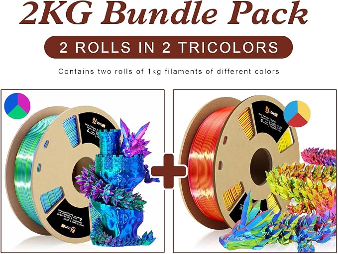 LOVOON 3D Printing Filament Bundle 2 KG, Tricolor PLA Filament 1.75mm Silk Blue/Green/Red and Silk Blue/Yellow/Red, Color Changing 3D Printer PLA Filaments, 1KG X 2 Spools