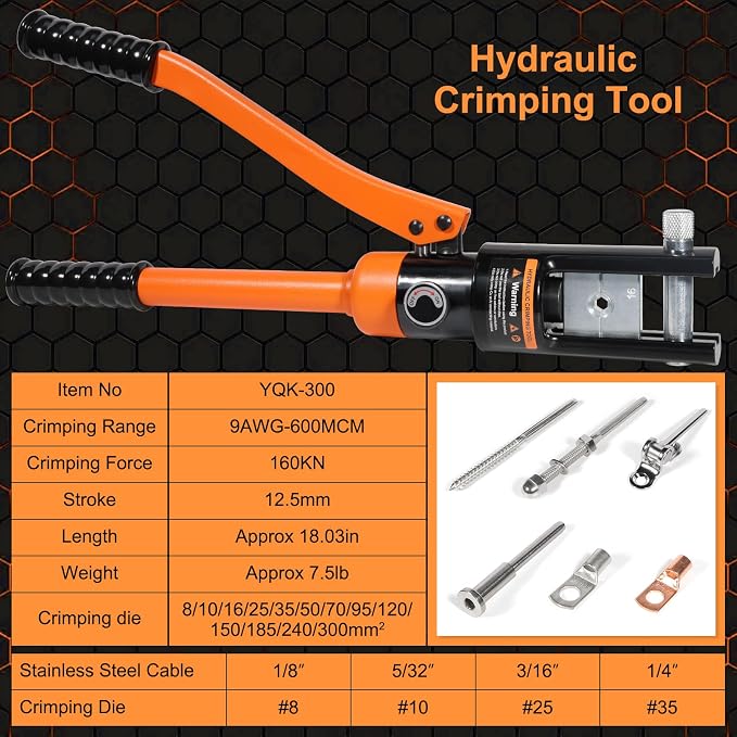 Brileine 16 Ton Hydraulic Crimping Tool, Professional Battery Cable Crimper with 13 Die Sets, 9AWG to 600MCM Cable Crimping Tool (Triple-Stroke Fast Hydraulic Crimper)