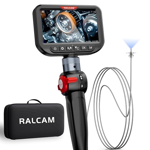 Ralcam 3mm Two-Way Articulating Borescope, 5 Inch HD Industrial Endoscope Inspection Camera with Light, Stainless Steel Flexible Fiber Optic Scope Camera 0.12in Automotive Mechanics Tool