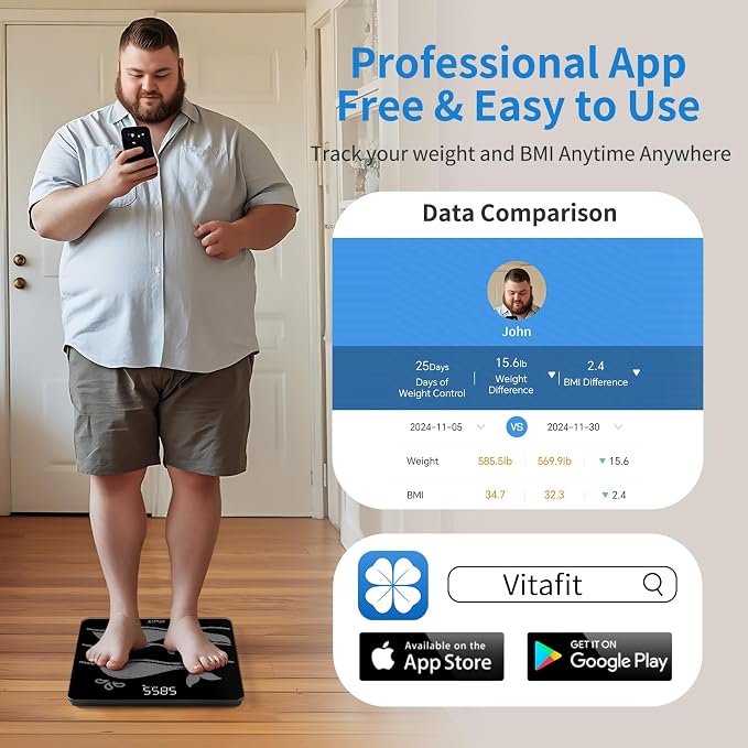 Vitafit FSA&HSA 660lb Weight Scale, Accuracy 0.1lb by Our Professional Scale Factory Since 2001,Smart Digital Scale for Body Weight BMI via APP, 8mm Non-Slip Tempered Glass 12.4" x 12.4",3*AAA, Black