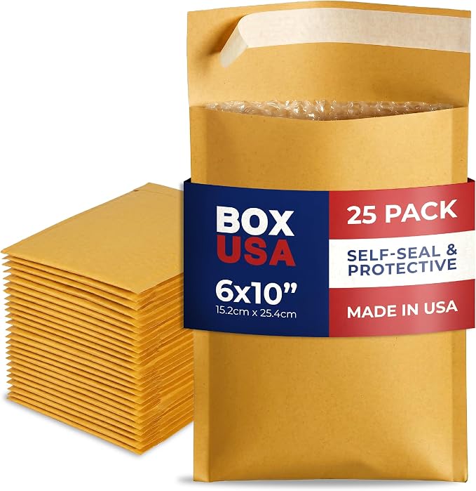 BOX USA 6" x 10" Kraft Bubble Mailers, Open End, Padded Envelopes, Use Tape, Staples, or Heat-Seal to Close, Case of 25