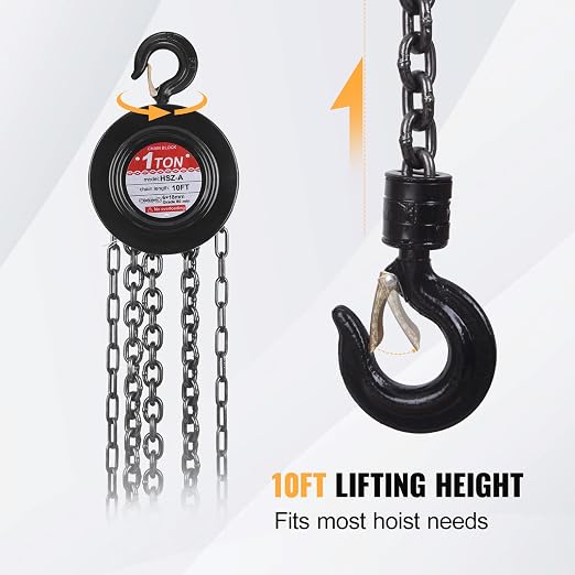 Hand Chain Hoist, 1 Ton/2200 lbs Capacity, Heavy Duty Steel Chain Fall Hoist with 10 Ft Lifting Height, Manual Chain Block Hoist with 2 Chain Hooks for Lifting in Transport & Workshop