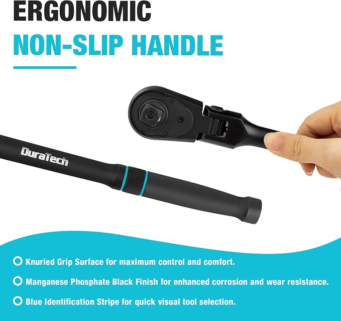 DURATECH 1/4-Inch Drive Flex-Head Ratchet, 90-Tooth Quick-Release Ratchet Wrench with 180° Pivoting Head and 7-Position Setting, Reversible, CR-V Made, CR-MO Head, 4° Swing, Black Mn Phosphate Finish