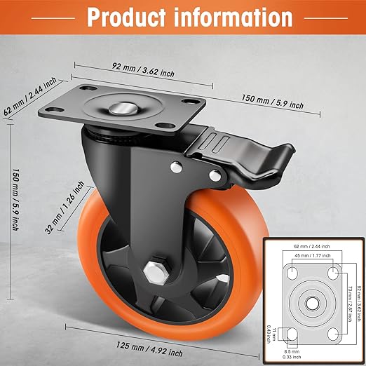 Casters, 5" Caster Wheels，Casters Set of 8 Heavy Duty - ASRINIEY Orange Polyurethane Castors, Top Plate Swivel Wheels, 8-Pack Industrial Casters with Brake, Locking Casters for Furniture and Workbench