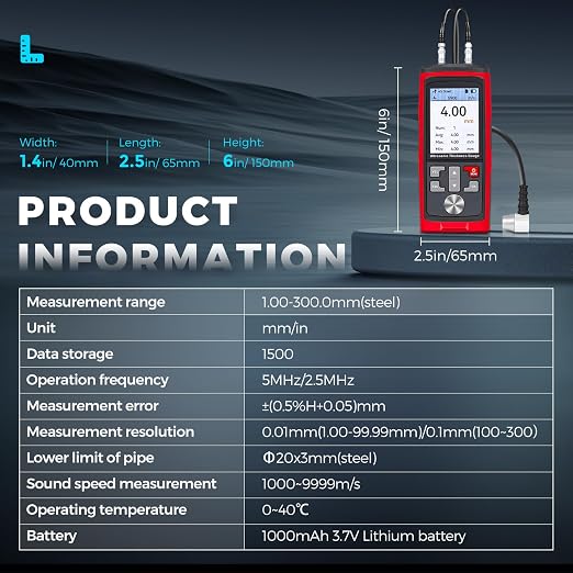 Bonvoisin Ultrasonic Thickness Gauge, Range 0.039 to 11.811 in, Ultrasonic Thickness Measuring Instruments for Steel, Copper, Metals, Plastic, Glass, PVC