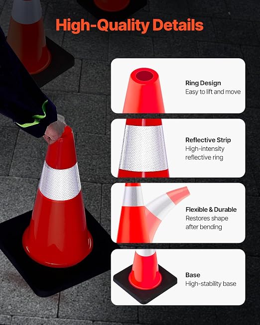 VEVOR Safety Cones, 5 Pack 18" Traffic Cones, PVC Orange Construction Cones with Reflective Collars and Black Weighted Base, for Traffic Control, Driveway Road Parking and School Improvement