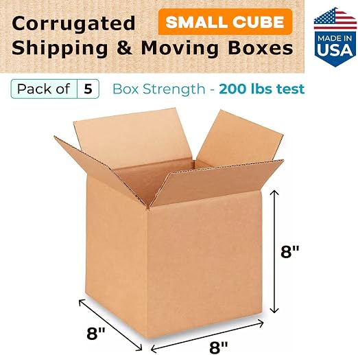 Small Cube Moving & Shipping Boxes 8 x 8 x 8 inches (5-Pack) - Extra Strength 200 lb vs Regular - USA-Made Corrugated Packing Boxes for Moving - Strong Small Moving Box - Shipping Box by IDL Packaging