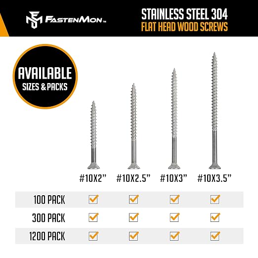 304 Stainless Steel Deck Screws, #10 x 3, 100 PCS | Torx Flat Head Type 17 Point with T25 Bit, Ideal for Outdoor Wood Projects, Fences, Benches, Picnic Tables, Decks, Bulk Box