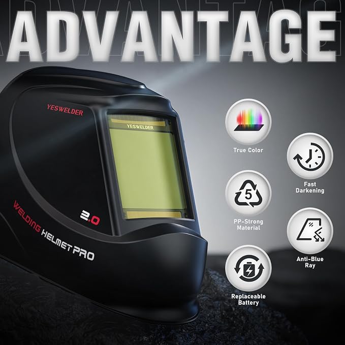 YESWELDER Large View Auto Darkening Welding Helmet, Blue Light Blocking, 1/1/1/1 True Color Solar Powered Welder Hood Mask with 4 Arc Sensors, Wide Shade 3/5-9/9-13 for TIG MIG ARC CUT and GRIND