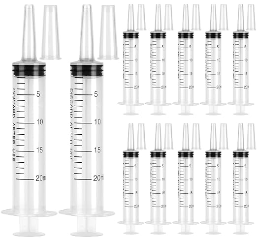 12 Pack 20ml Plastic Syringes, Individually Sealed with Measurement & Cap for Feeding Pets, Liquid, Jello Shots, Lip Gloss, Paint, Epoxy Resin, Oil, Watering Plants, Refilling (20ml, Plastic)