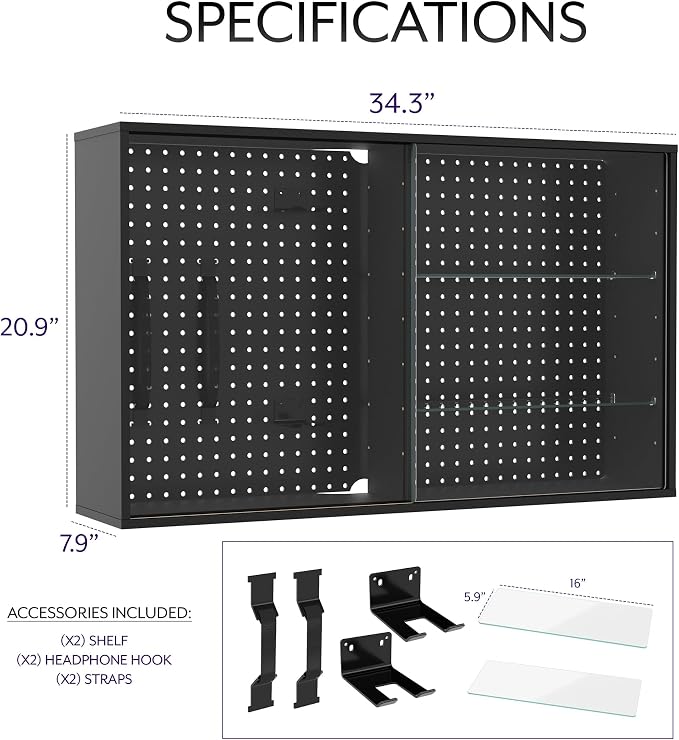 Life Finds Pegboard Cabinet with Glass Door, Wall Mounted or Freestanding Storage Display Case, Black, LF-GDPC1