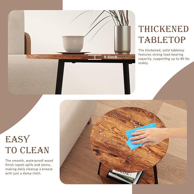 Round End Table - 23.6" H Side Table with Metal Frame, Industrial Accent Tables for Living Room Bedroom, Rustic Brown (1 Pack)