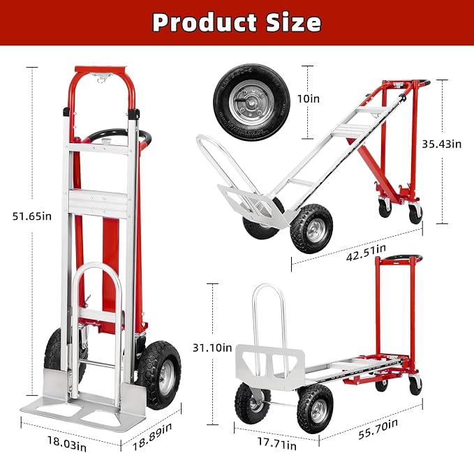 Aluminum 4 in 1 Convertible Hand Truck Dolly, 1000Lbs Capacity, Heavy Duty Folding Hand Truck Dolly Cart with Wheels 10" All-Terrain Tires, Hand Trucks for Logistics, Home, Office, School, Red