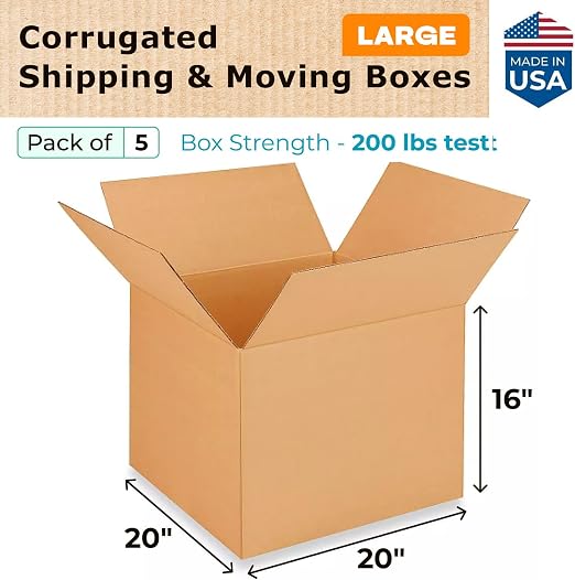 Extra Large Shipping & Moving Boxes 20 x 20 x 16 inches (5-Pack) - Extra Strength 200 lb vs Regular - USA-Made Corrugated Shipping Box - Heavy Duty Shipping Box by IDL Packaging -