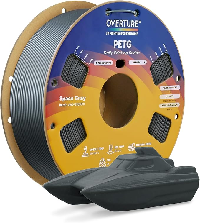 OVERTURE PETG Filament 1.75mm, High Speed 3D Printer Filament, Neatly Wound & Clog-Free, 1kg Spool (2.2lbs) Rapid PETG, Dimensional Accuracy +/- 0.02mm, Fit Most FDM Printers (Space Grey)